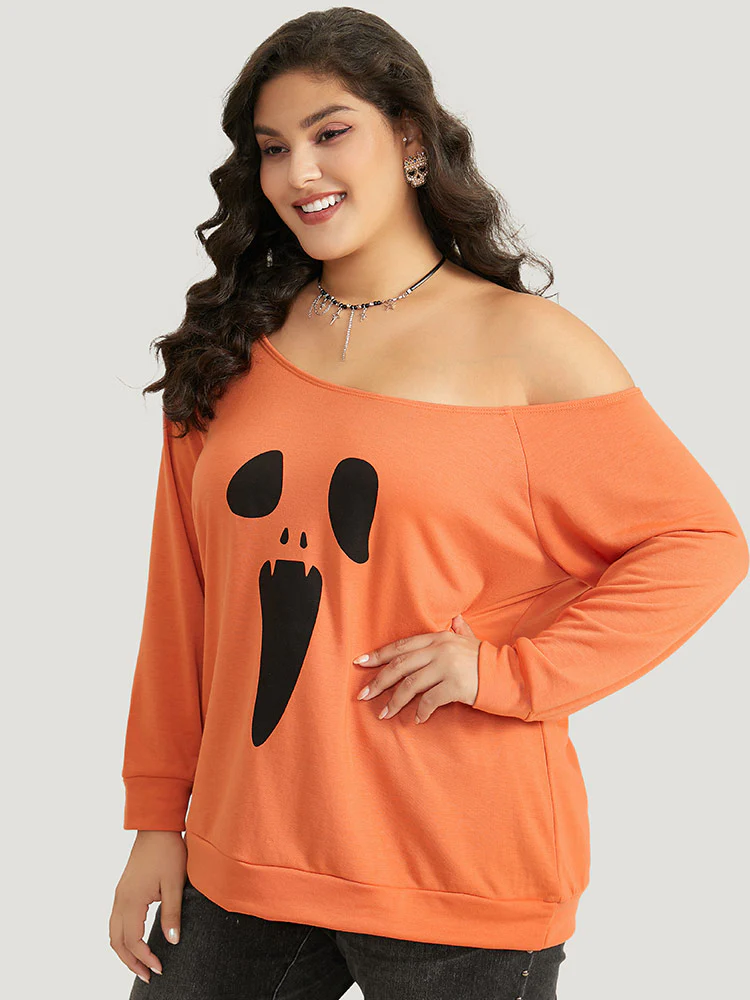 Halloween Print One Shoulder Raglan Sleeve Sweatshirt - Image 5