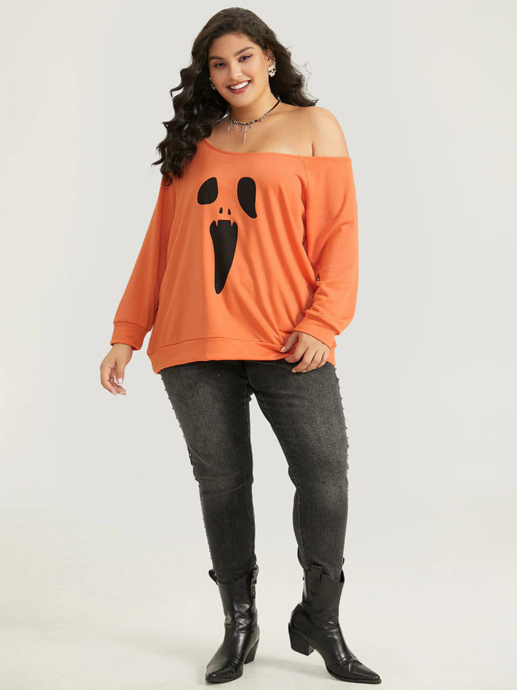 Halloween Print One Shoulder Raglan Sleeve Sweatshirt - Image 6