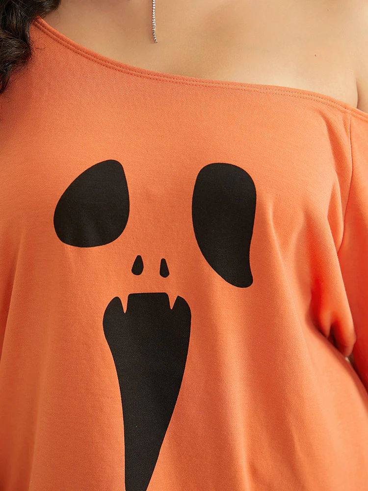Halloween Print One Shoulder Raglan Sleeve Sweatshirt - Image 7