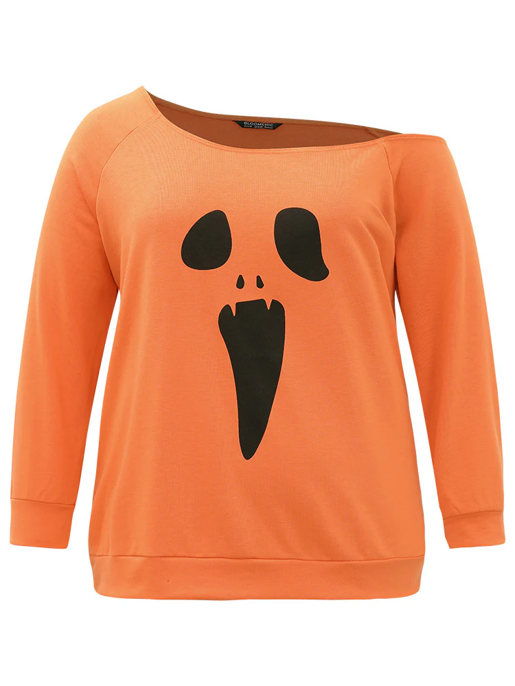 Halloween Print One Shoulder Raglan Sleeve Sweatshirt - Image 8