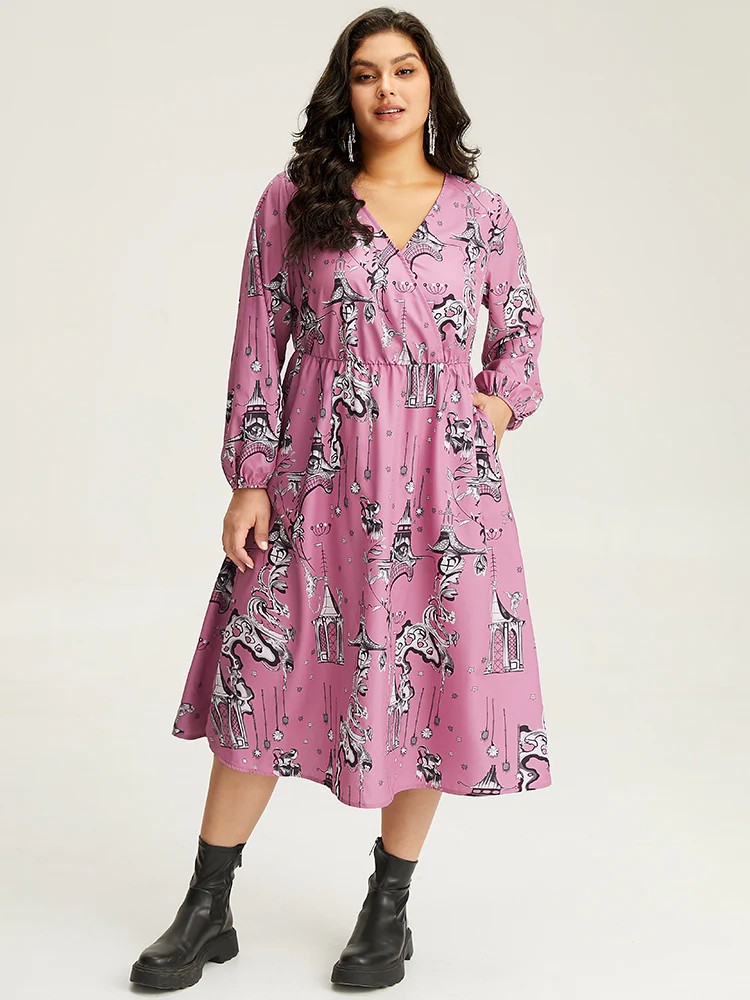 Halloween Print Chiffon Lantern Sleeve Wrap Dress - Image 3