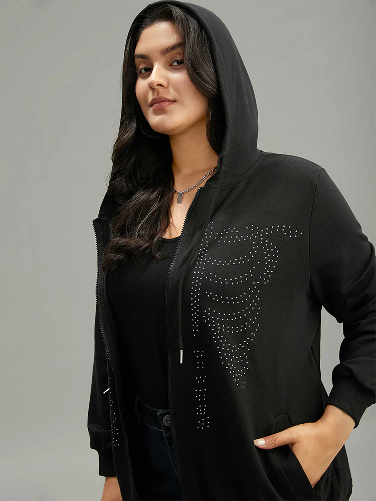 Halloween Print Rhinestone Drawstring Hooded Zipper Sweatshirt - Image 6
