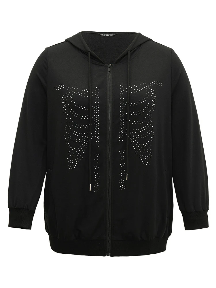 Halloween Print Rhinestone Drawstring Hooded Zipper Sweatshirt - Image 7