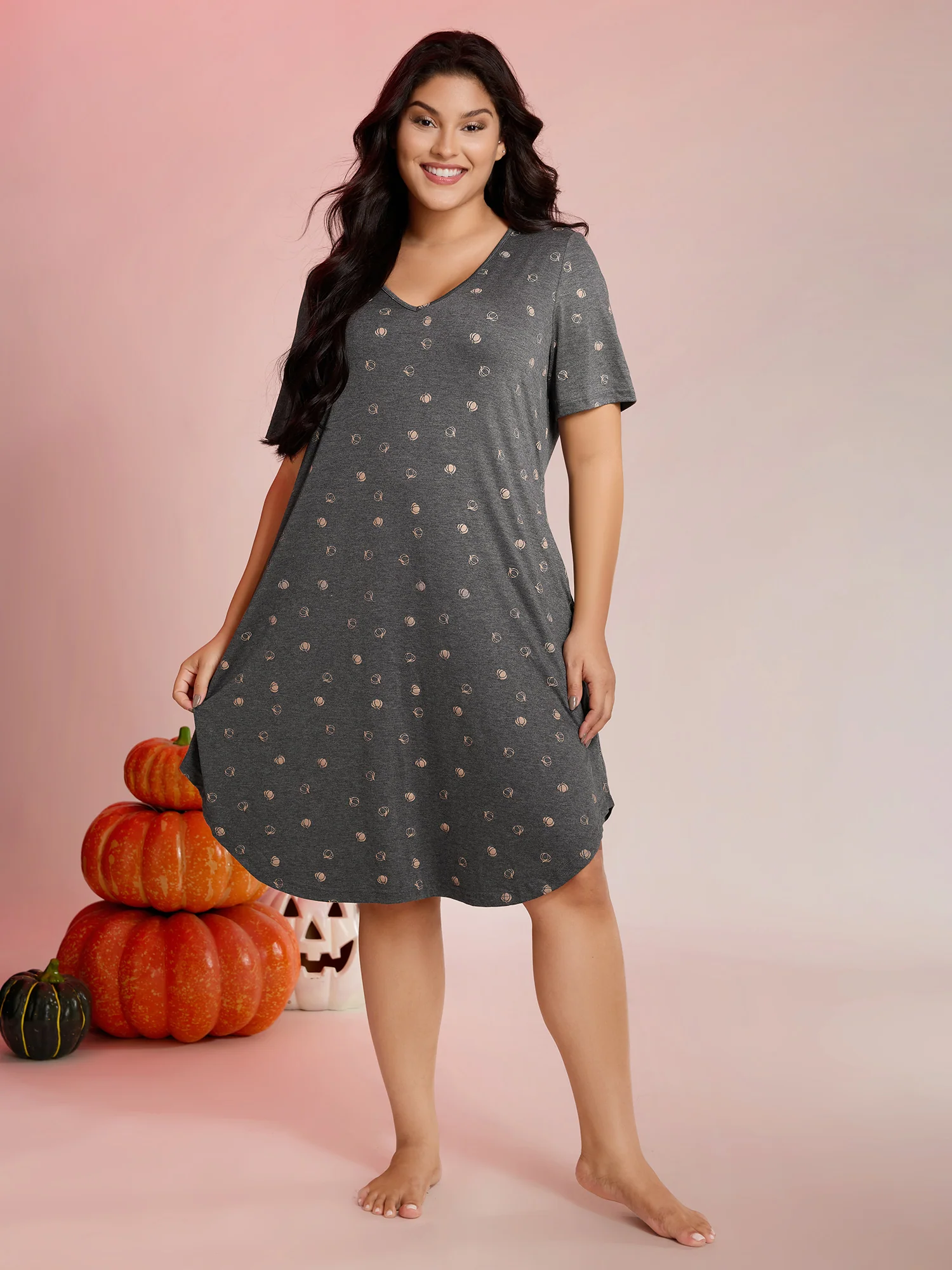 Halloween Print Stretchy V-Neck Lounge Dress - Image 3