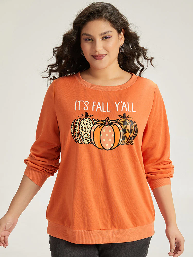 Halloween Pumpkin Crew Neck Elastic Cuffs Sweatshirt - Image 2