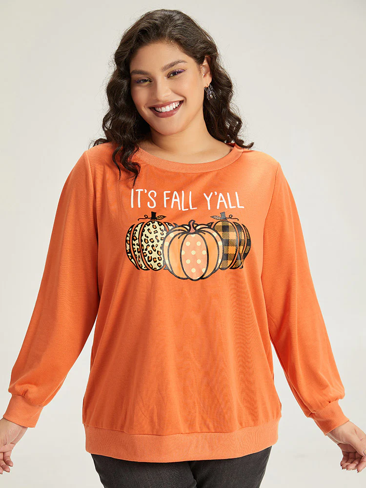 Halloween Pumpkin Crew Neck Elastic Cuffs Sweatshirt - Image 3