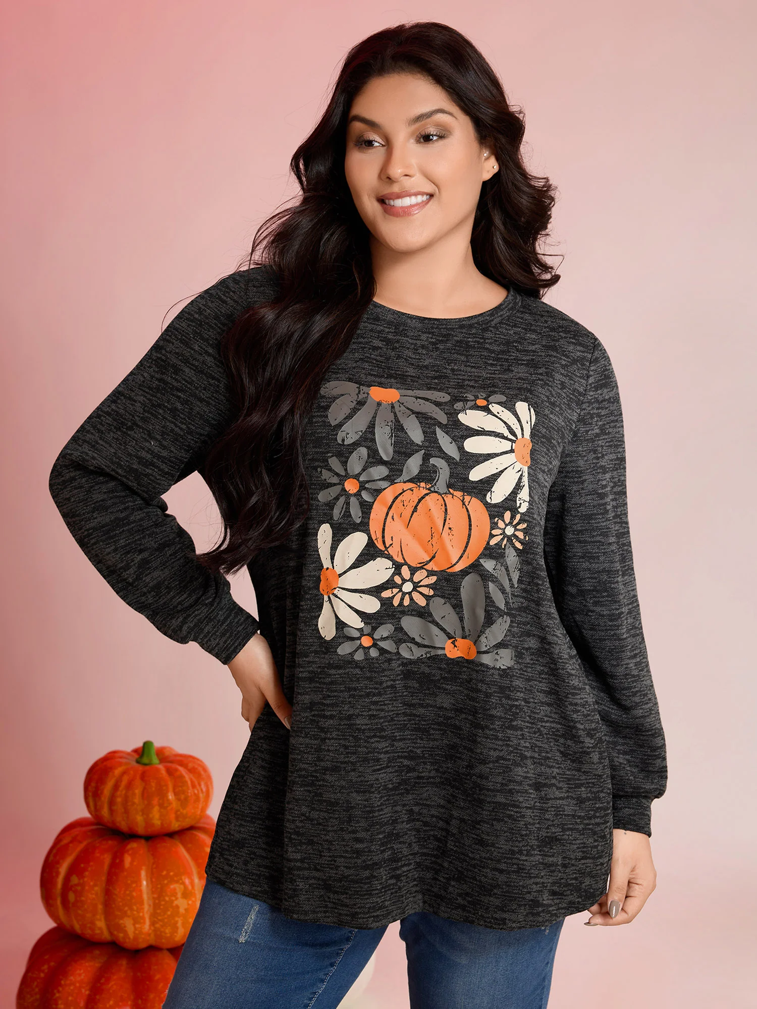 Halloween Pumpkin Floral Pockets Tunic Top - Image 2