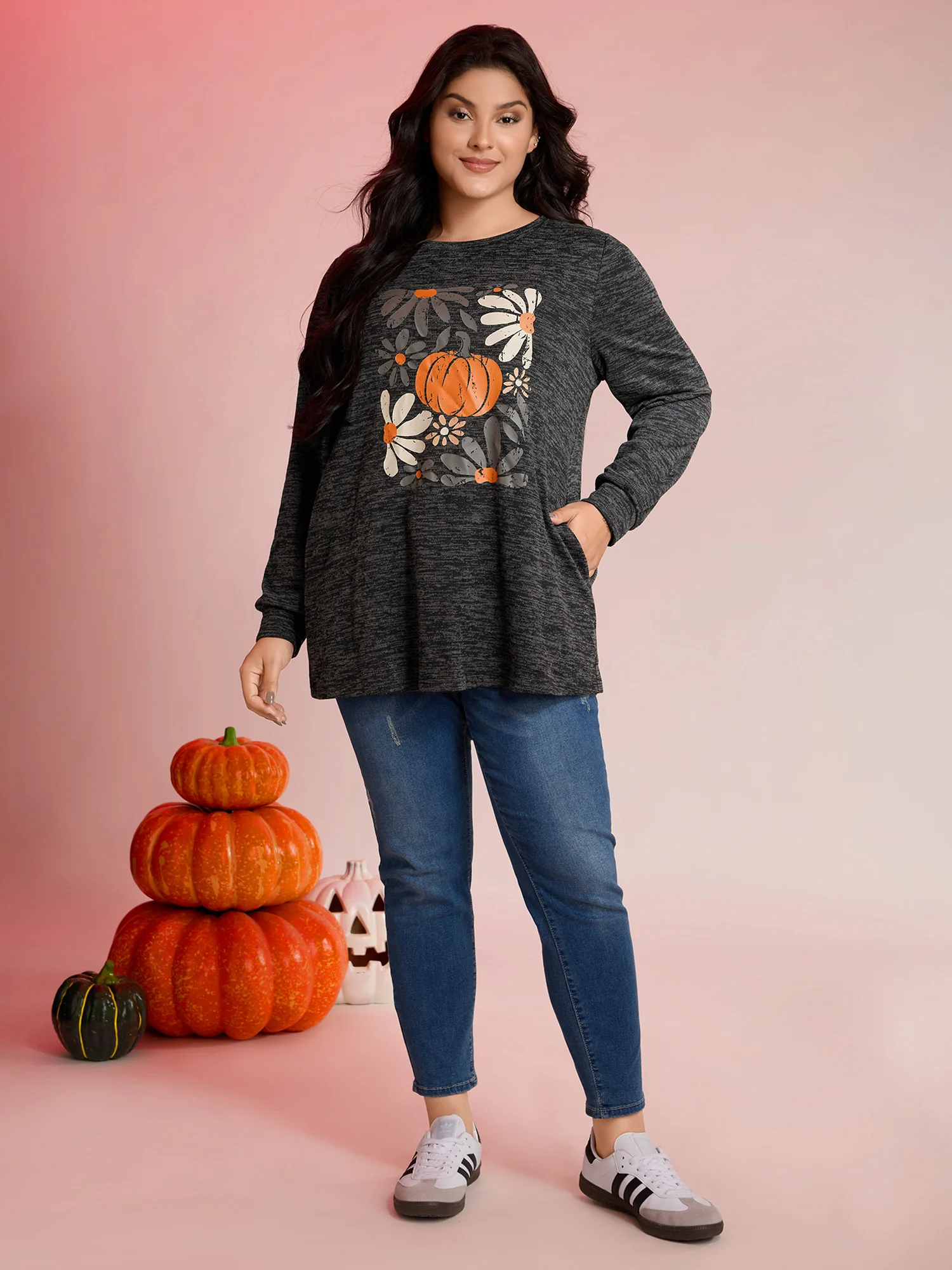 Halloween Pumpkin Floral Pockets Tunic Top - Image 3