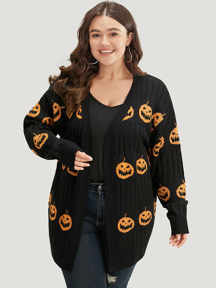 Halloween Pumpkin Graphic Open Front Cardigan - Image 3