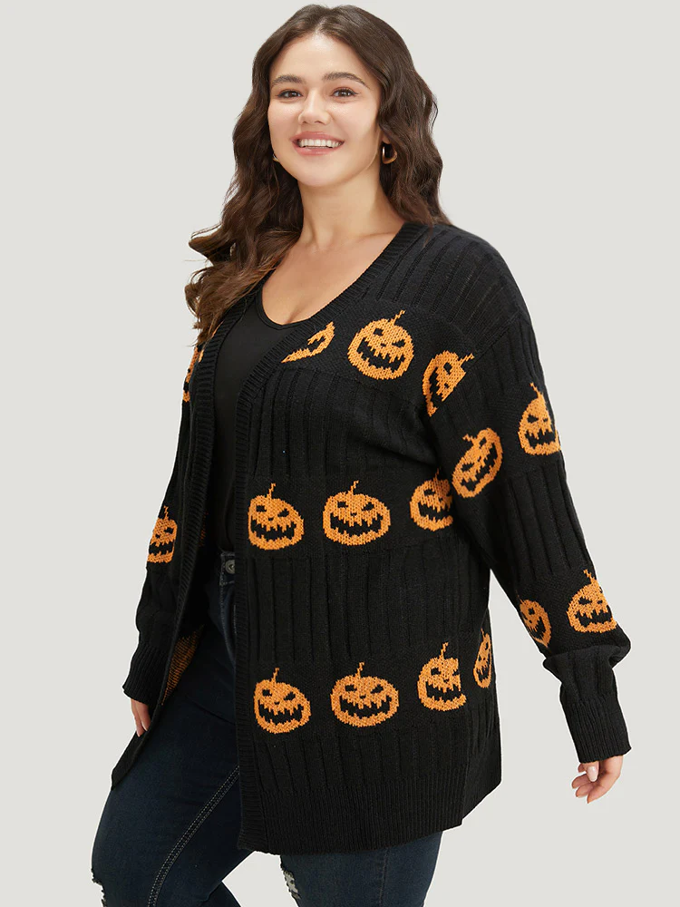 Halloween Pumpkin Graphic Open Front Cardigan - Image 4
