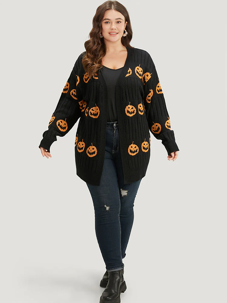 Halloween Pumpkin Graphic Open Front Cardigan - Image 5