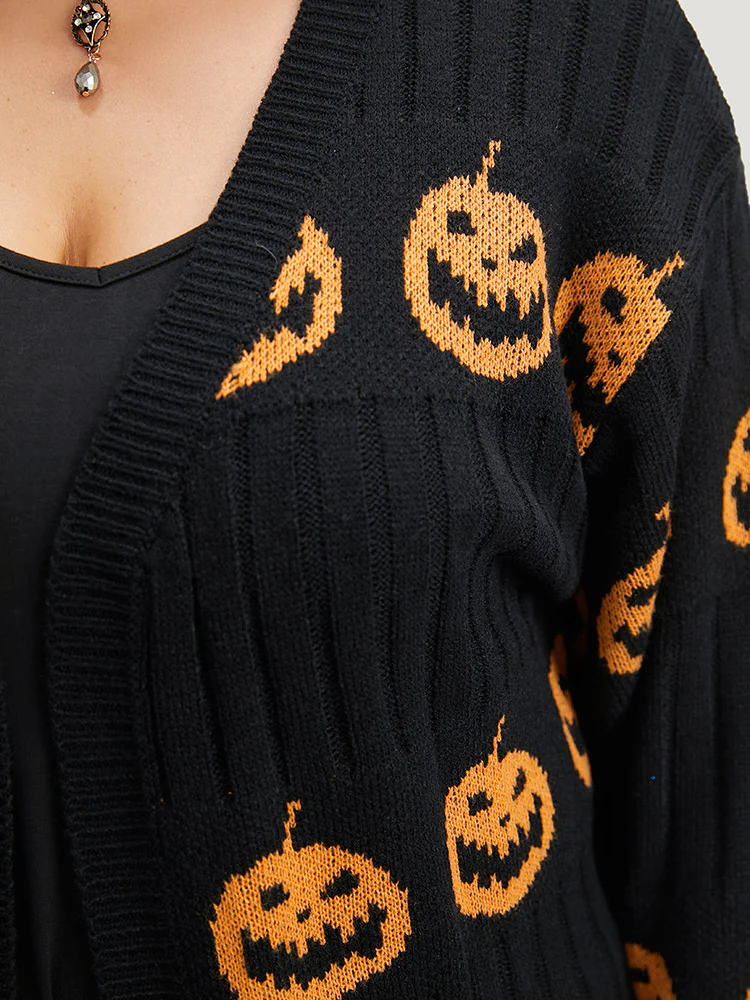 Halloween Pumpkin Graphic Open Front Cardigan - Image 6