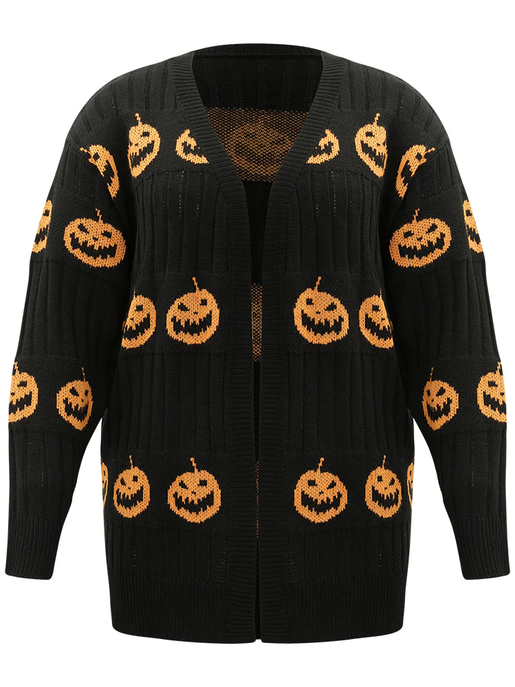 Halloween Pumpkin Graphic Open Front Cardigan - Image 8