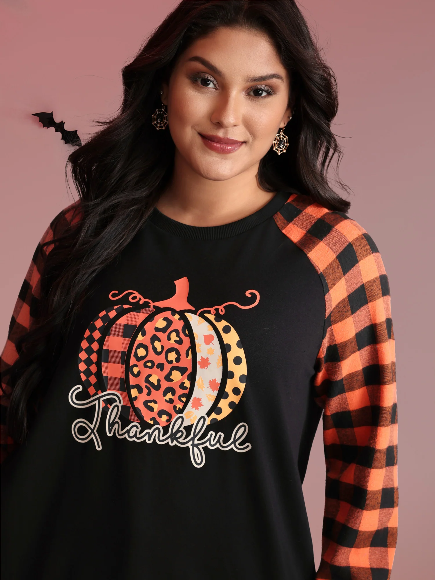 Halloween Pumpkin Plaid Stretchy Sweatshirt - Image 2
