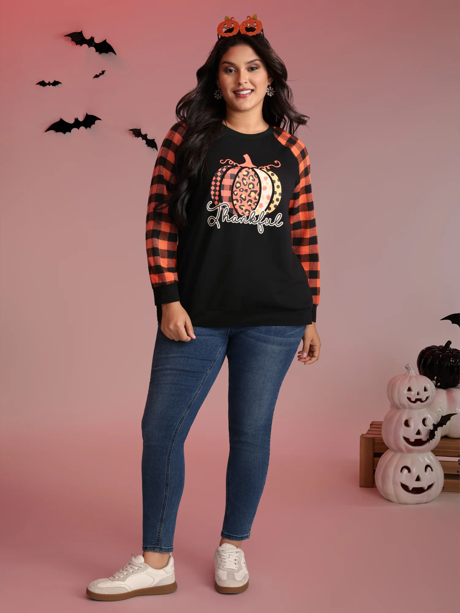 Halloween Pumpkin Plaid Stretchy Sweatshirt - Image 3