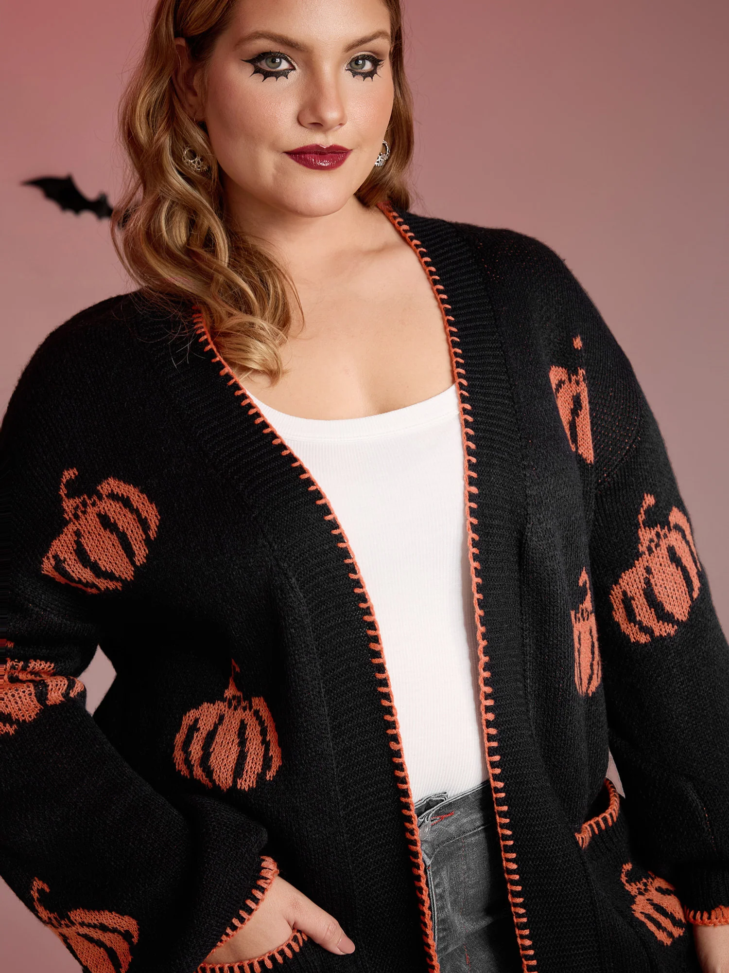 Halloween Pumpkin Print Contrast Knit Cardigan - Image 2