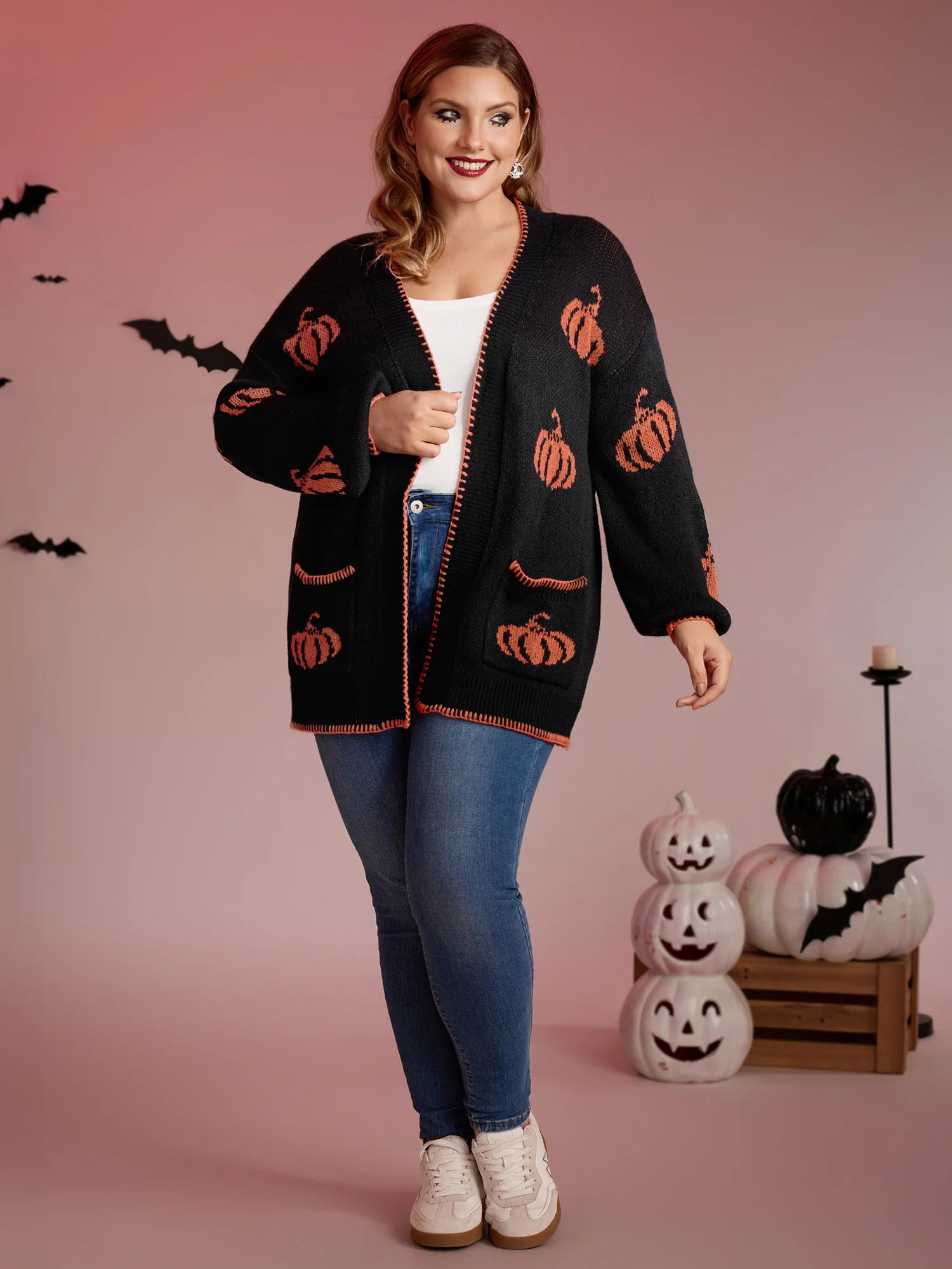 Halloween Pumpkin Print Contrast Knit Cardigan - Image 3
