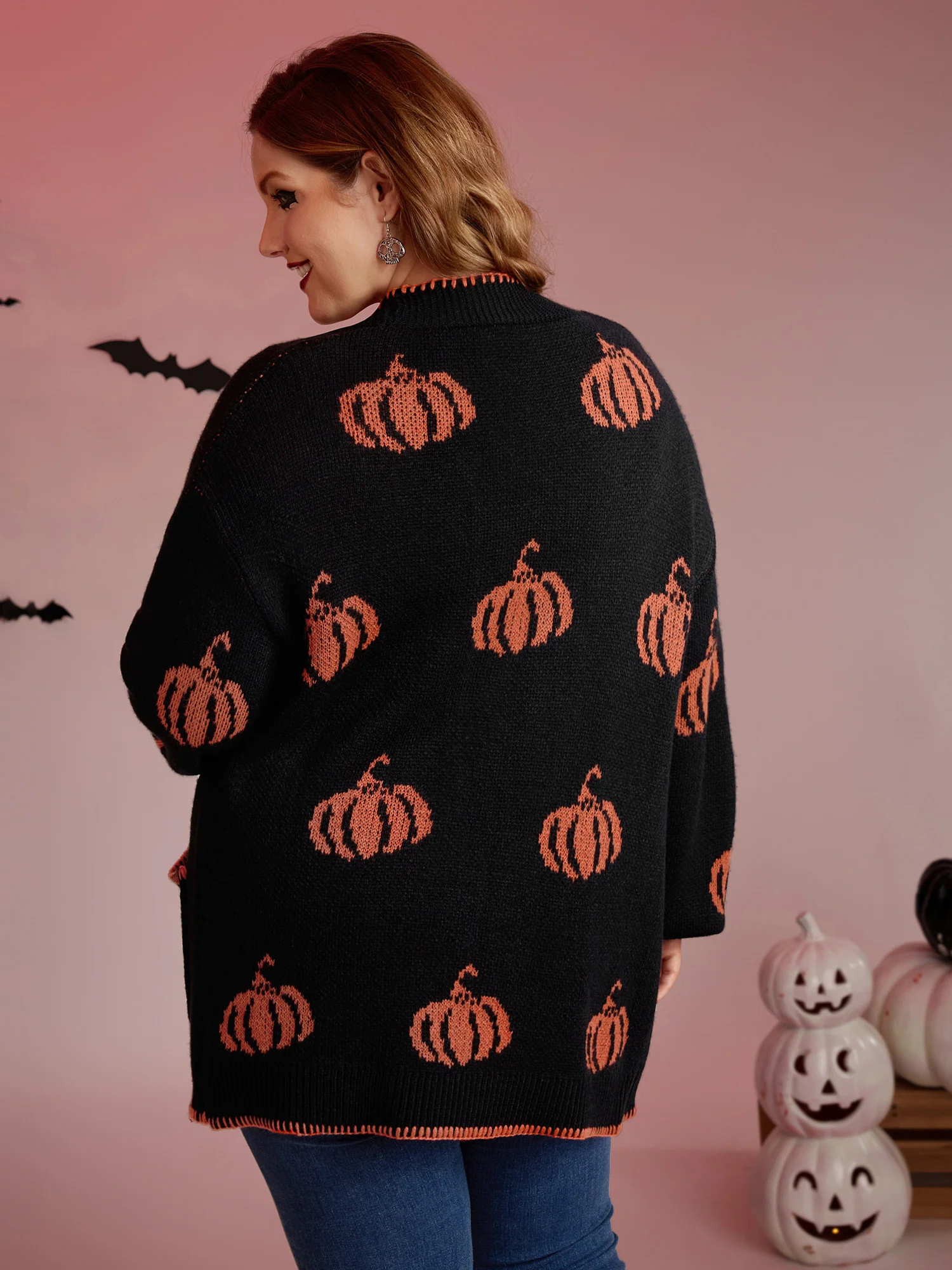 Halloween Pumpkin Print Contrast Knit Cardigan - Image 4