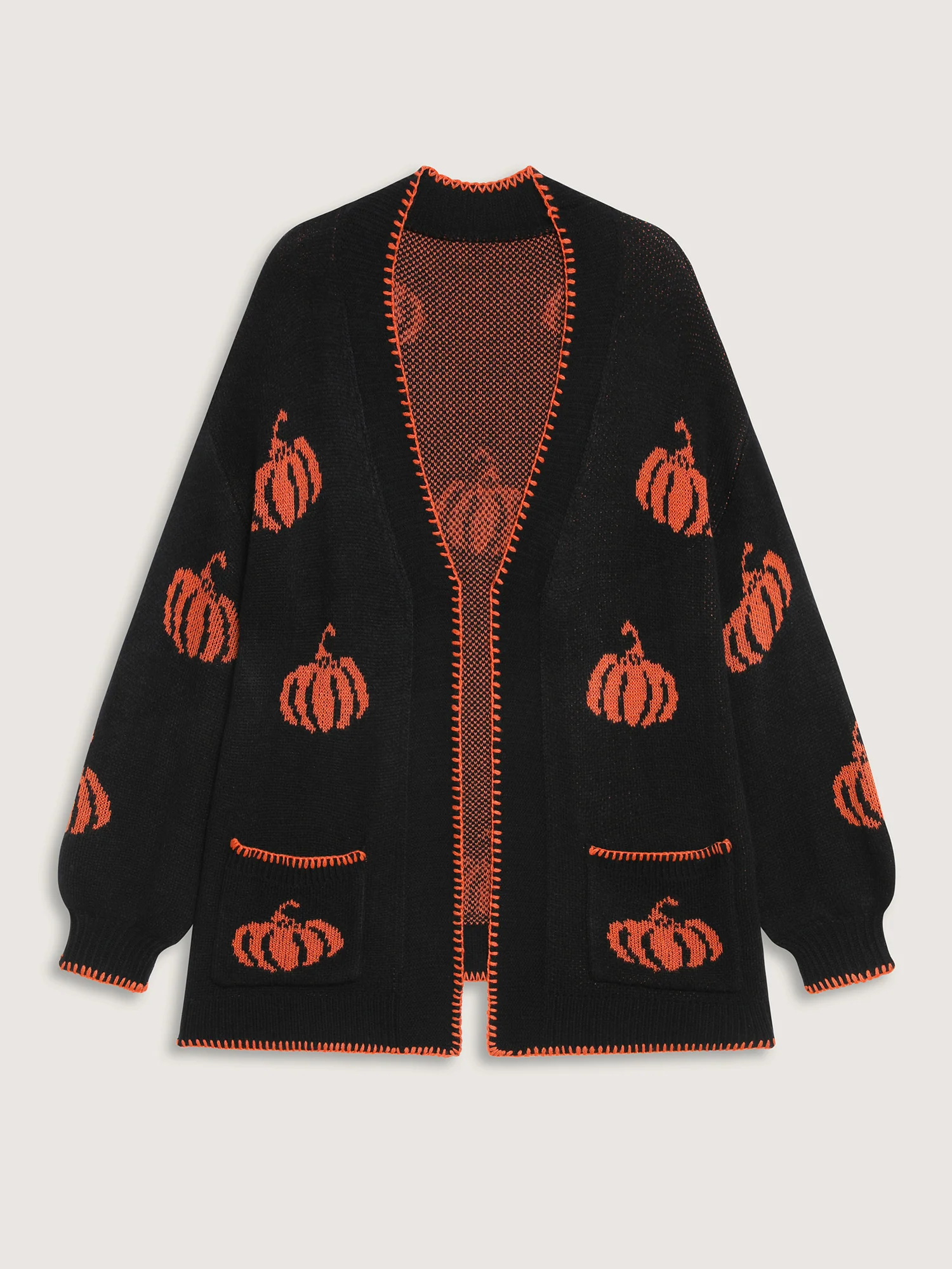 Halloween Pumpkin Print Contrast Knit Cardigan - Image 8