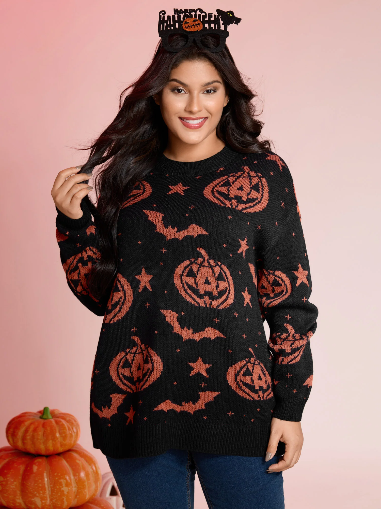 Halloween Pumpkin Print Crewneck Pullover - Image 2