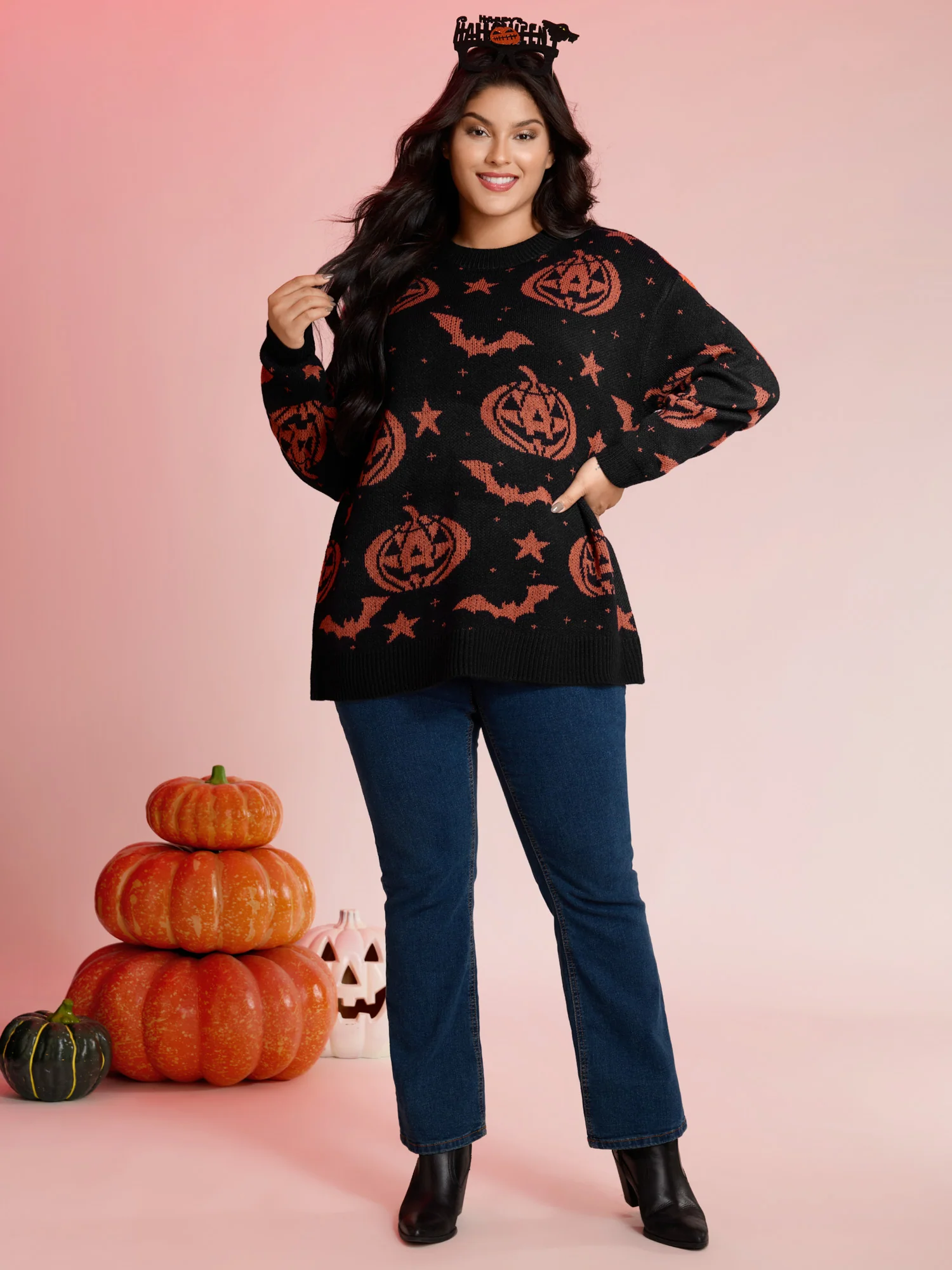 Halloween Pumpkin Print Crewneck Pullover - Image 3
