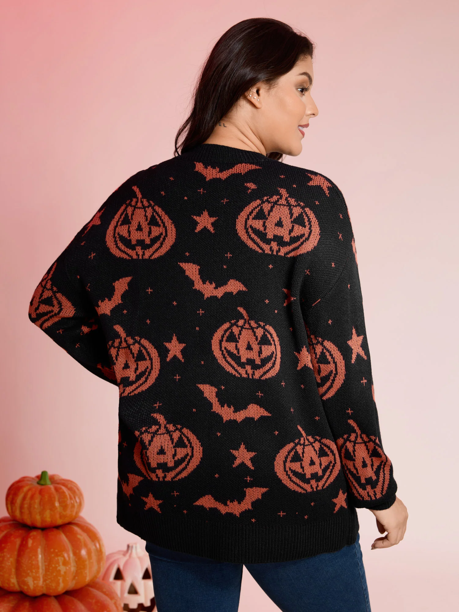 Halloween Pumpkin Print Crewneck Pullover - Image 4