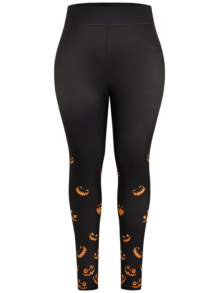 Halloween Pumpkin Print Wideband Waist Leggings - Image 10