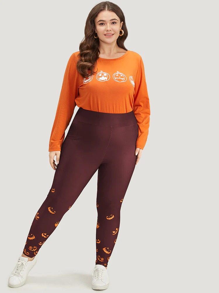 Halloween Pumpkin Print Wideband Waist Leggings - Image 3