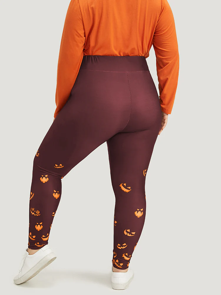 Halloween Pumpkin Print Wideband Waist Leggings - Image 4