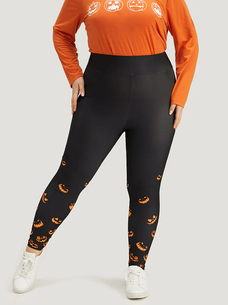 Halloween Pumpkin Print Wideband Waist Leggings - Image 5