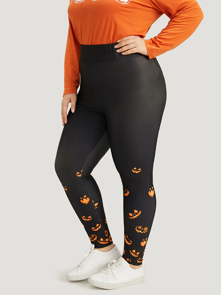 Halloween Pumpkin Print Wideband Waist Leggings - Image 6