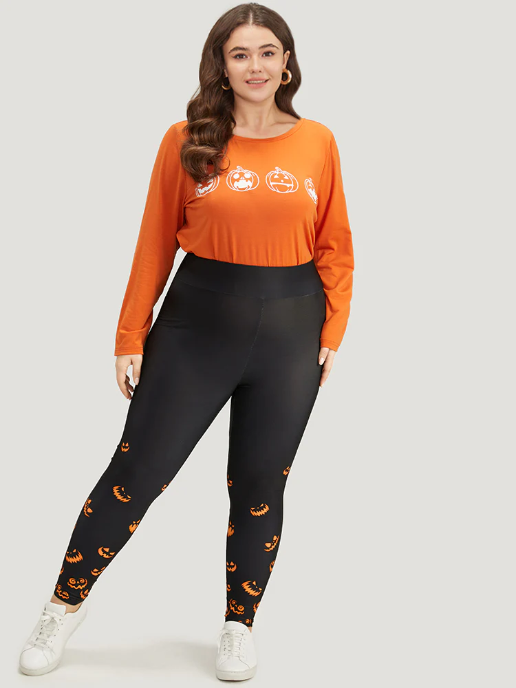 Halloween Pumpkin Print Wideband Waist Leggings - Image 7