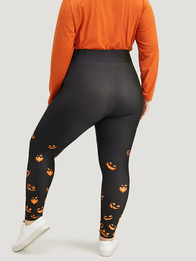 Halloween Pumpkin Print Wideband Waist Leggings - Image 8