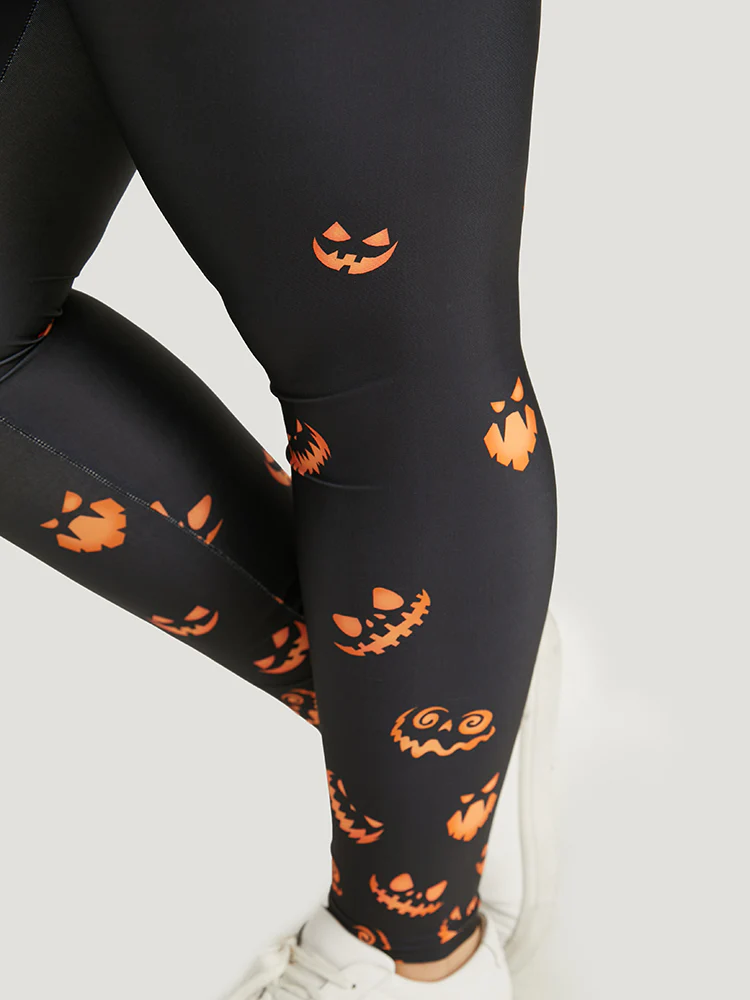 Halloween Pumpkin Print Wideband Waist Leggings - Image 9