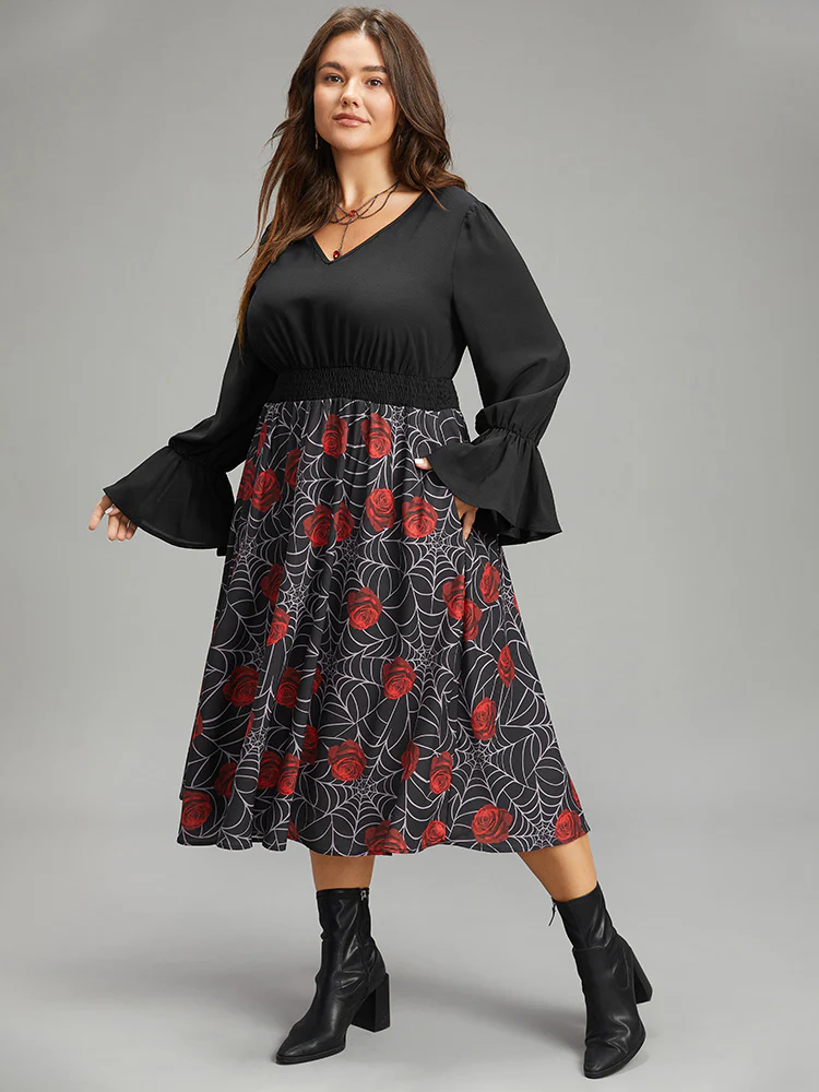 Halloween Rose Ruffles Shirred Elastic Waist Dress - Image 2