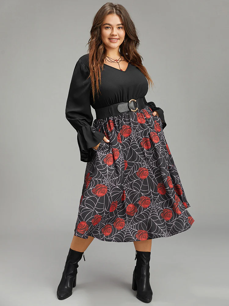 Halloween Rose Ruffles Shirred Elastic Waist Dress - Image 3