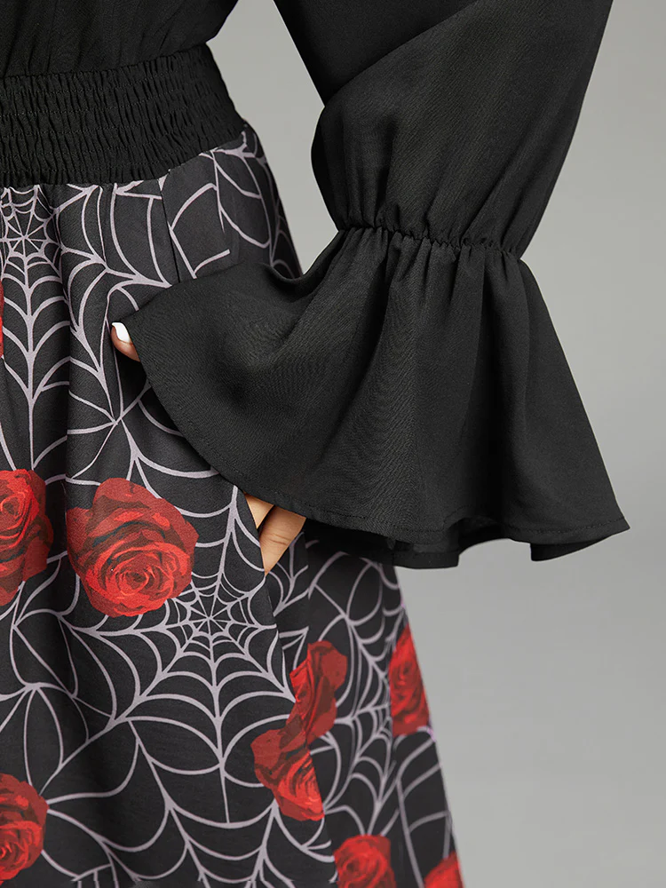 Halloween Rose Ruffles Shirred Elastic Waist Dress - Image 5