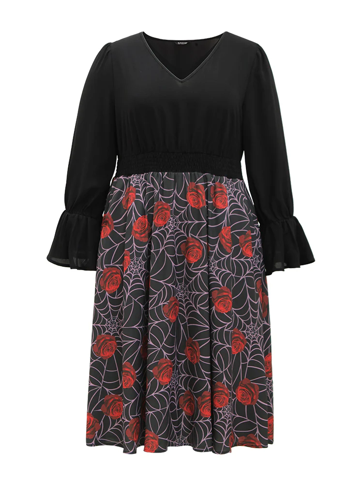 Halloween Rose Ruffles Shirred Elastic Waist Dress - Image 7