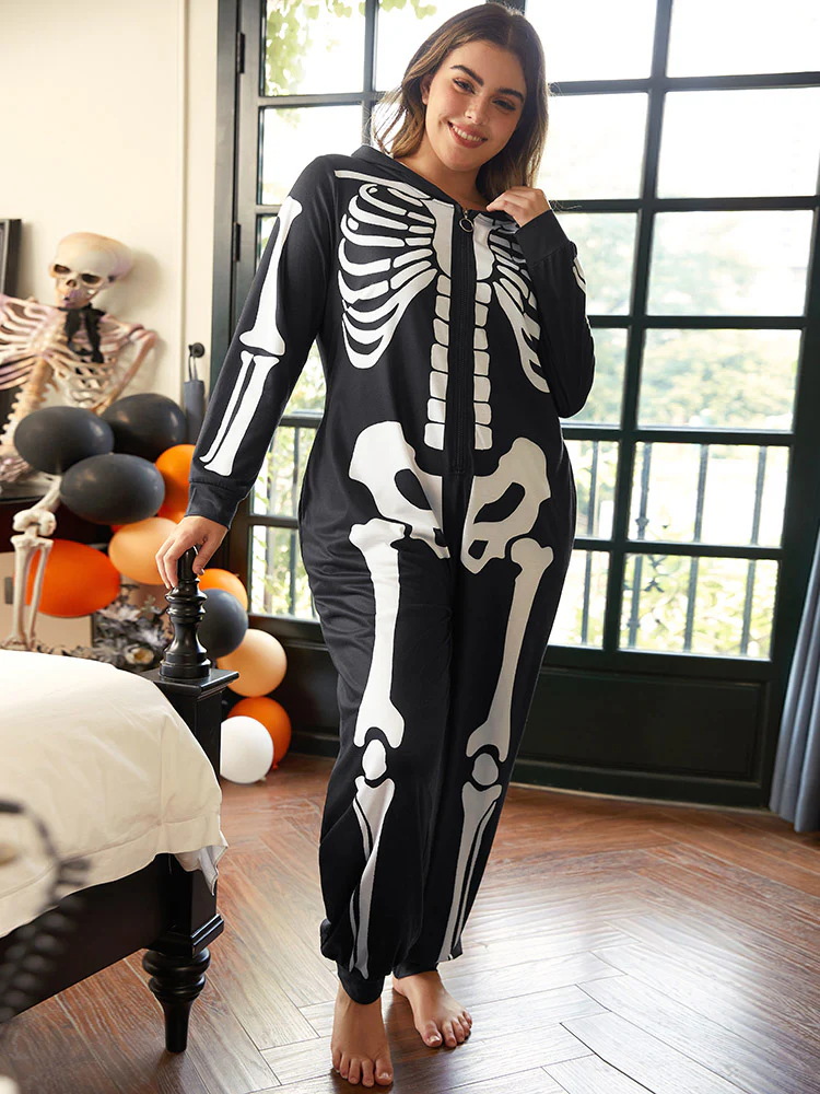 Halloween Skeleton Print Hooded Zipper Lounge Jumpsuit - Image 3