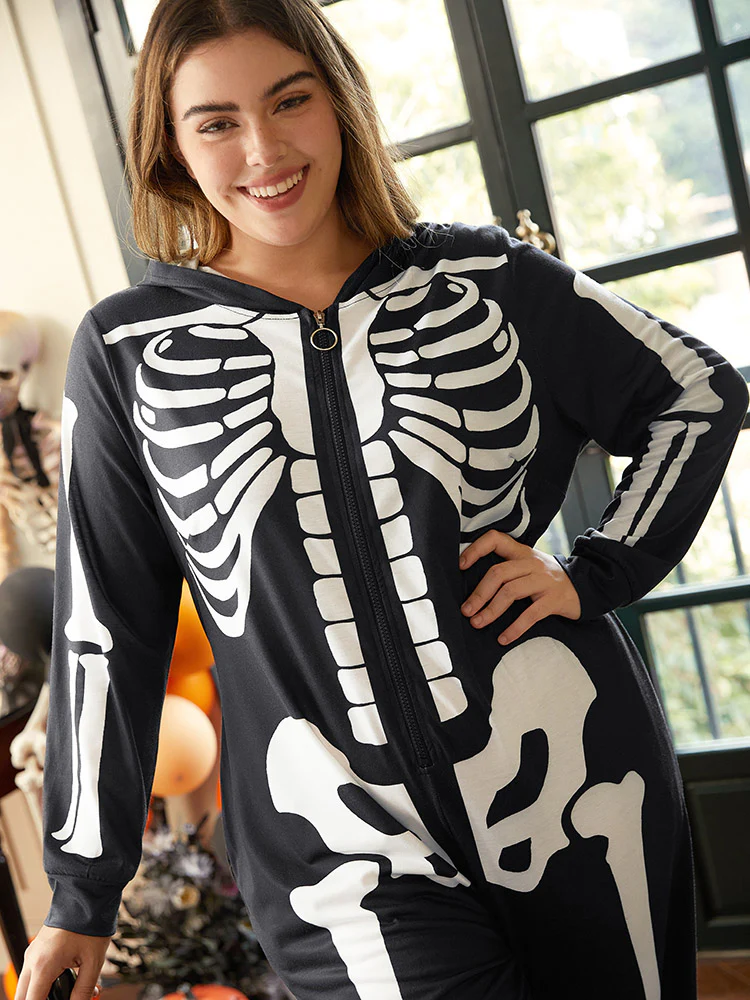 Halloween Skeleton Print Hooded Zipper Lounge Jumpsuit - Image 5