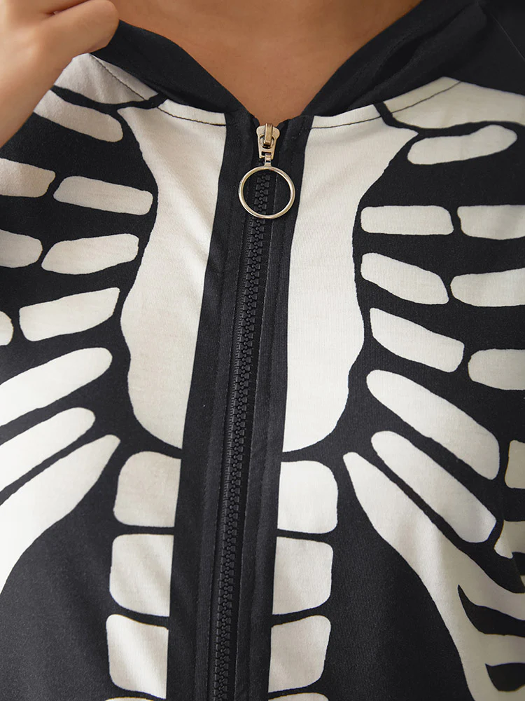 Halloween Skeleton Print Hooded Zipper Lounge Jumpsuit - Image 7