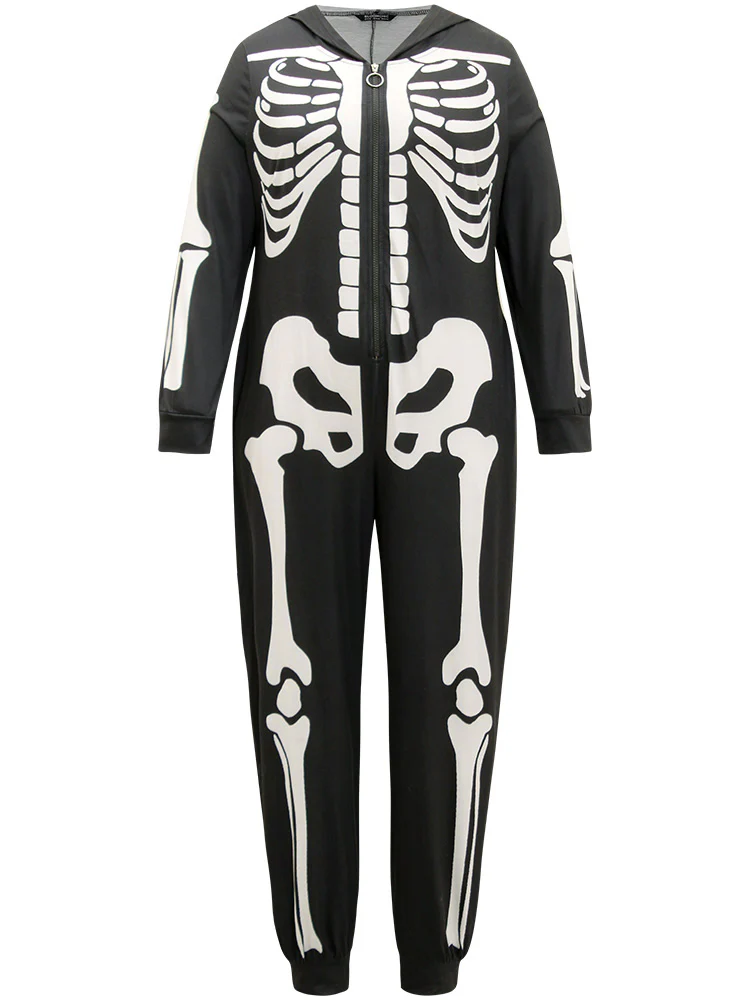 Halloween Skeleton Print Hooded Zipper Lounge Jumpsuit - Image 9