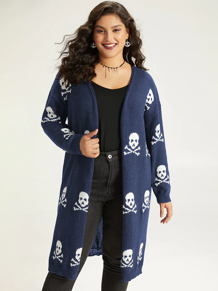 Halloween Skull Print Split Side Drop Shoulder Maxi Cardigan
