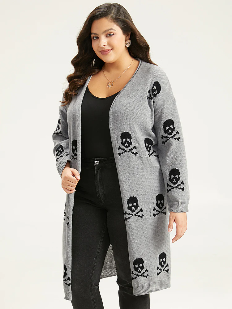 Halloween Skull Print Split Side Drop Shoulder Maxi Cardigan - Image 10