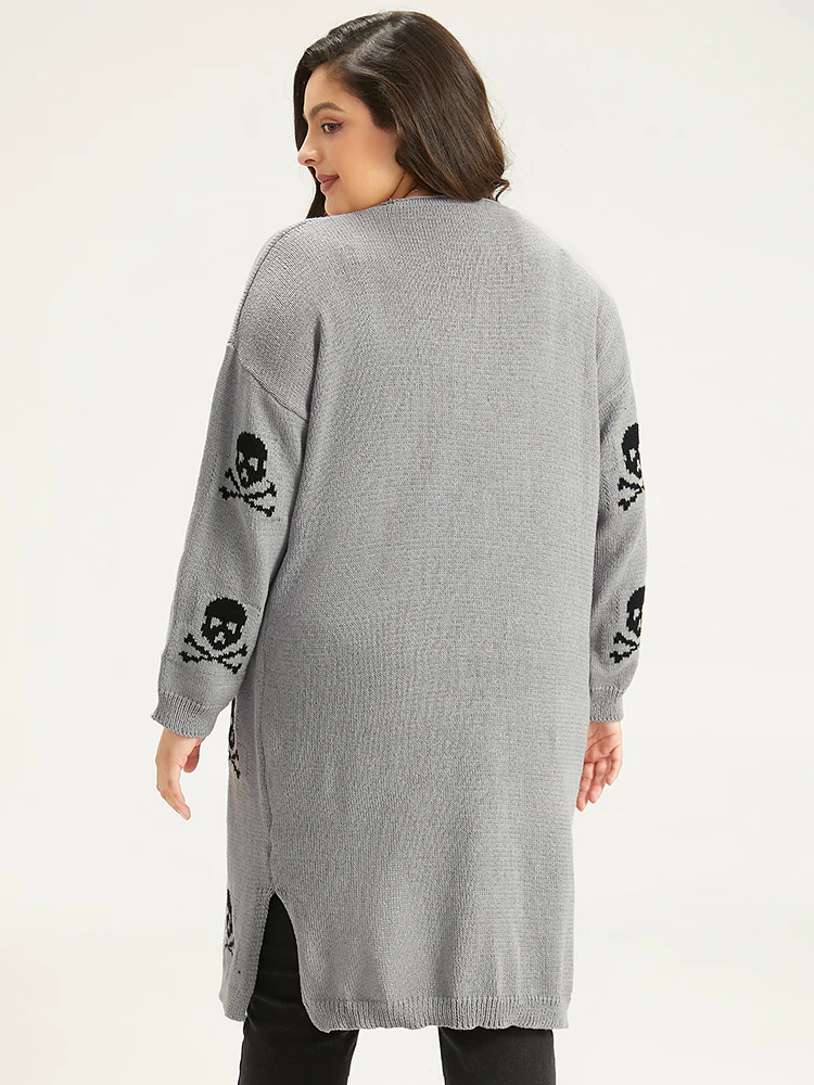 Halloween Skull Print Split Side Drop Shoulder Maxi Cardigan - Image 11