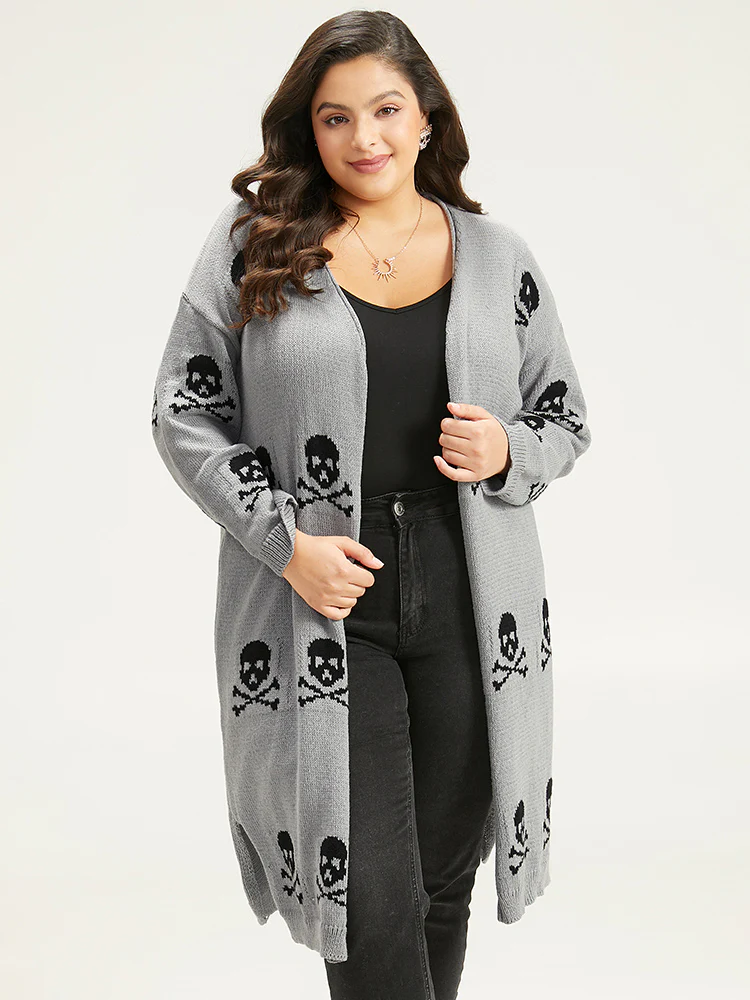 Halloween Skull Print Split Side Drop Shoulder Maxi Cardigan - Image 12