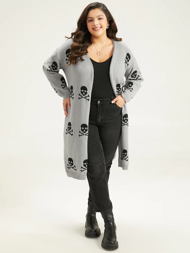 Halloween Skull Print Split Side Drop Shoulder Maxi Cardigan - Image 13