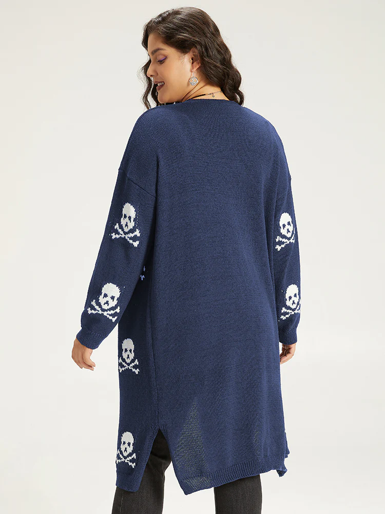 Halloween Skull Print Split Side Drop Shoulder Maxi Cardigan - Image 2
