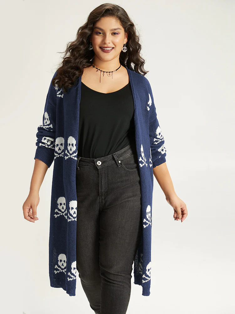 Halloween Skull Print Split Side Drop Shoulder Maxi Cardigan - Image 3