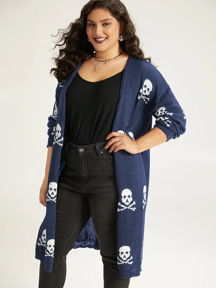 Halloween Skull Print Split Side Drop Shoulder Maxi Cardigan - Image 4